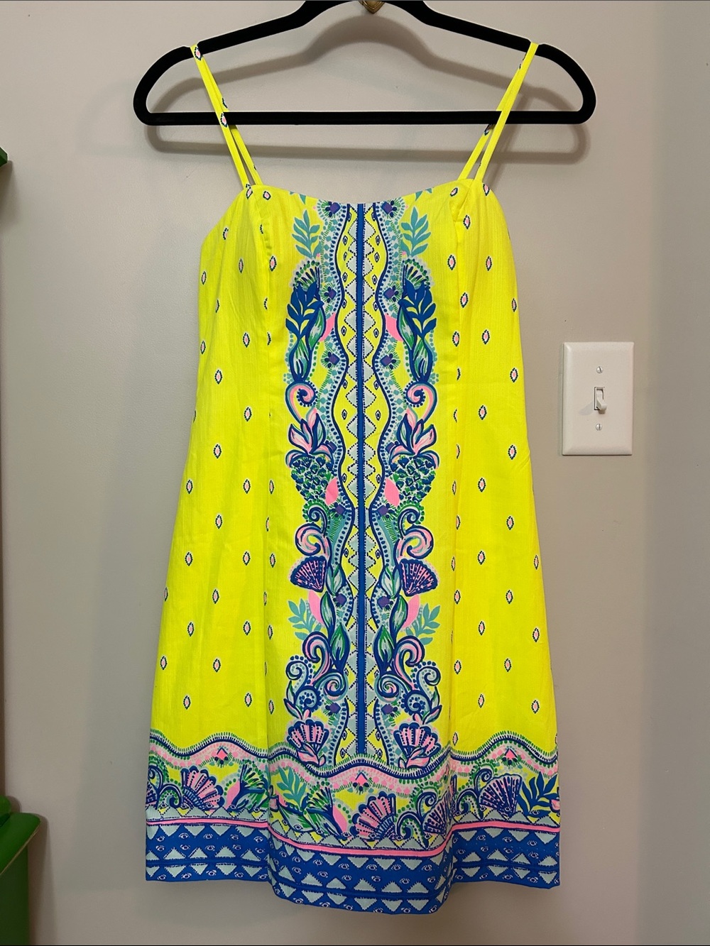 Lilly Pulitzer Neon Yellow Mini Dress with Blue & Pink Print NWT